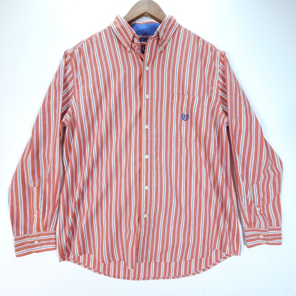 Chaps Other - Chaps Shirt Mens L Orange Striped Y2K Button Down Long Sleeve Pocket Preppy